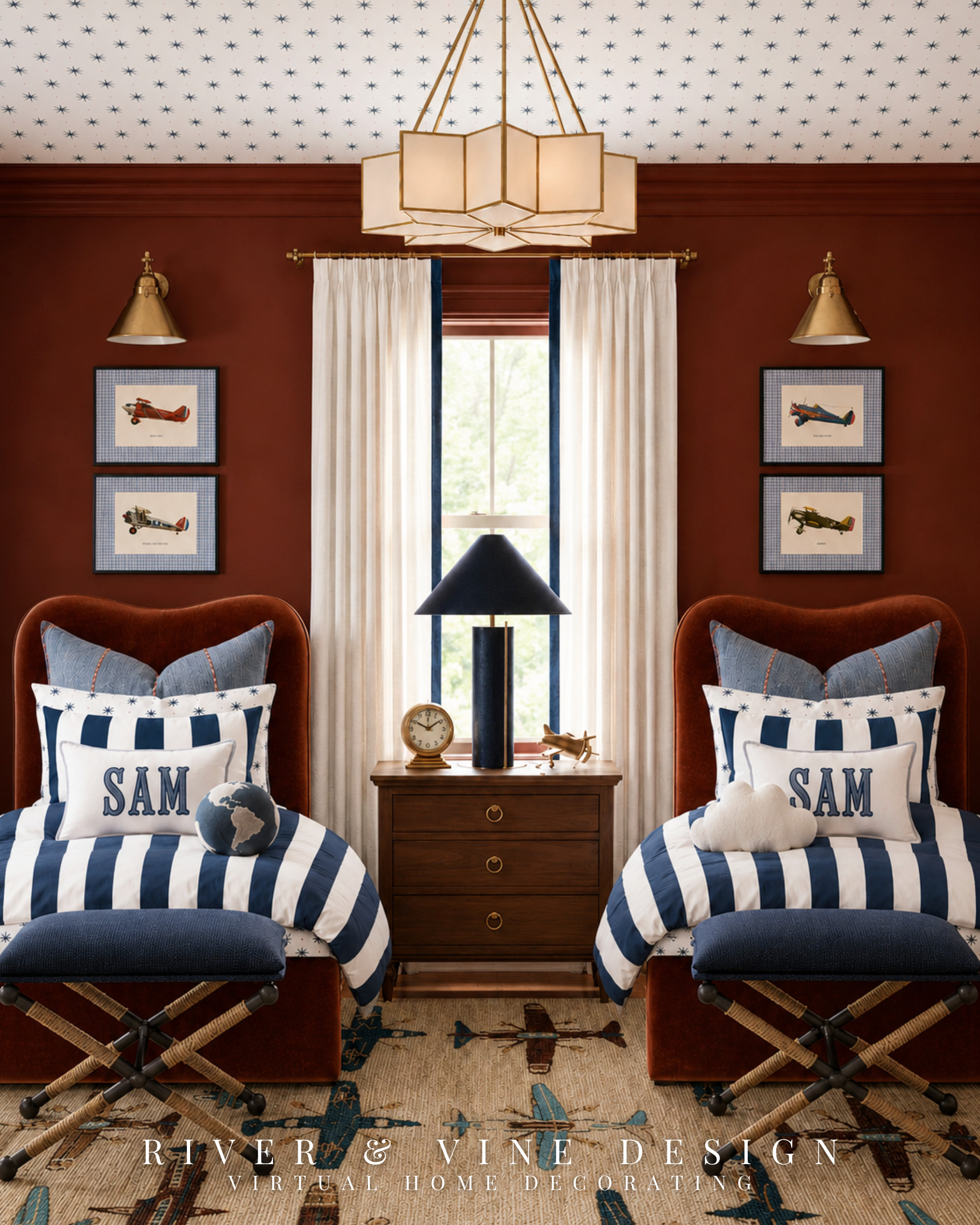 The hardest part of decorating around something your child loves is knowing when to stop.

In this aviation-inspired kids’ room, airplanes appear in the artwork, rug, and ceiling wallpaper—but the rest of the design relies on classic stripes, warm wood, tailored navy, and rich rust tones. That balance gives the room plenty of personality without making every piece part of the theme.

The rust velvet beds bring warmth, while the matching bedding and symmetrical layout keep the busier patterns feeling intentional. It’s a room designed around what they love now, with foundational pieces that can take on an entirely different look later.

Would you put wallpaper on the ceiling?

aviation kids room, airplane bedroom decor, shared kids bedroom, rust velvet twin beds, navy striped bedding, traditional boys bedroom, airplane area rug, wallpaper ceiling kids room

I may receive a commission from purchases made through my links.
 

 #LTKHome #LTKKids