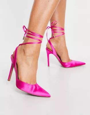 ASOS DESIGN Pally tie leg high heeled shoes in pink satin | ASOS (Global)