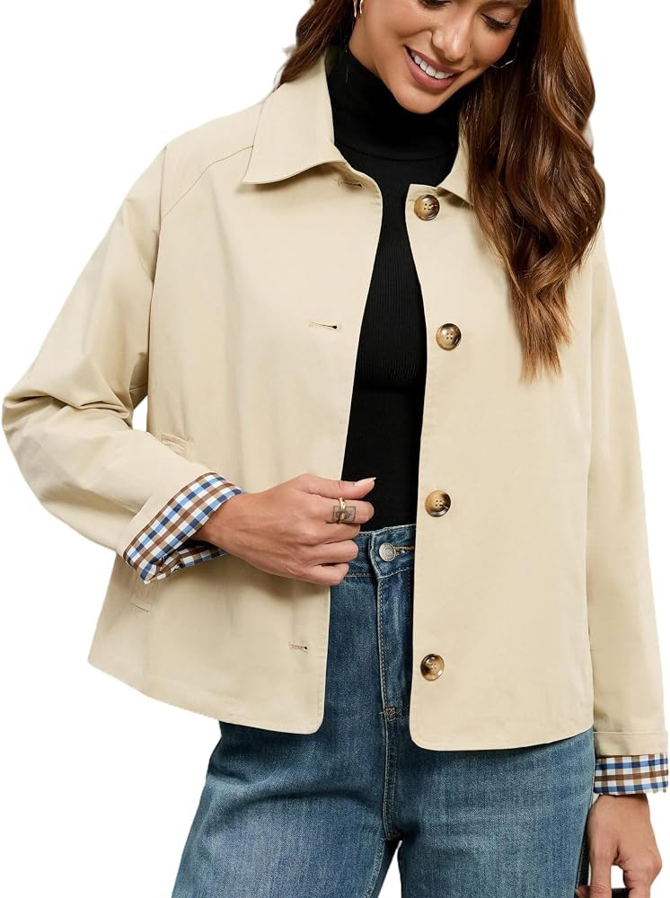 LifeShe Womens Cropped Trench Coat Single Breasted Classic Lapel Overcoat Plaid Lined Oversized O... | Amazon (US)