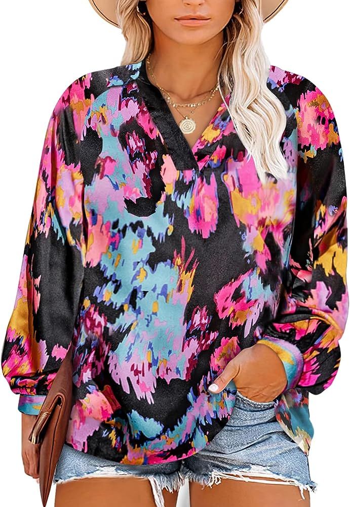 Eytino Plus Size Tops for Women Boho Floral Print V Neck Long Sleeve Fall Blouse Shirts(1X-5X) | Amazon (US)