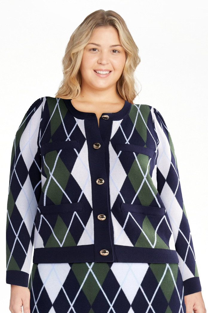 Free Assembly Women's and Women's Plus Argyle Cardigan Sweater with Puff Sleeves, Midweight, Size... | Walmart (US)