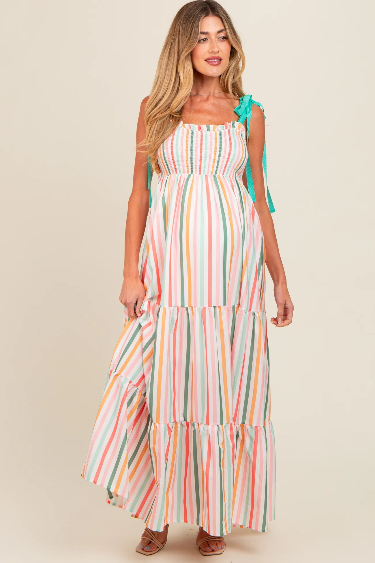 Multicolor Striped Shoulder Tie Smocked Maternity Maxi Dress | PinkBlush Maternity