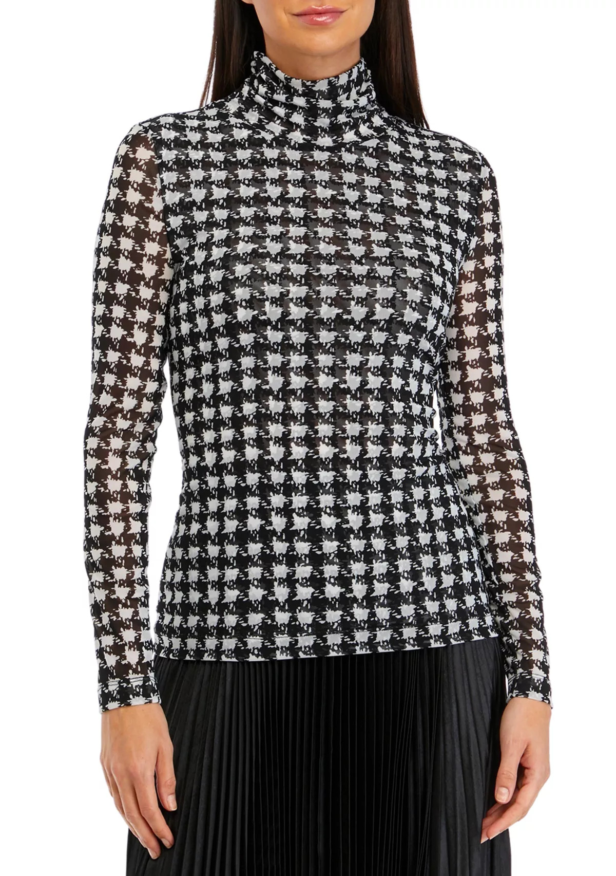 Long Sleeve Houndstooth Print Mesh Top | Belk