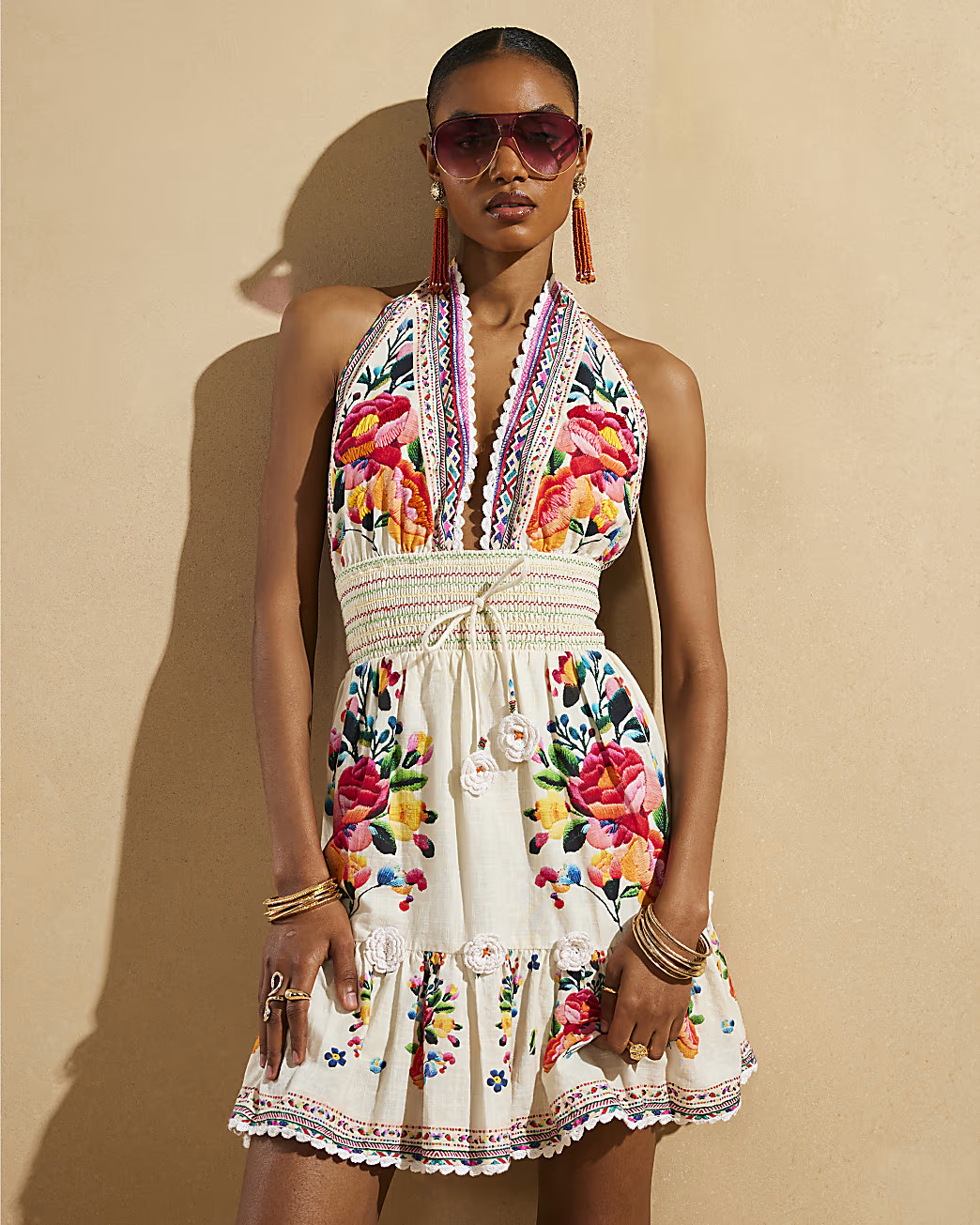 Cream Del Maar Floral Halter Neck Mini Dress | River Island UK & IE