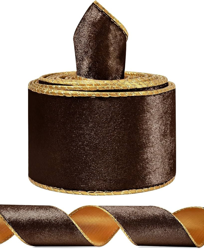 Brown Wide Velvet Ribbon Wired for Christmas Tree, Garland, Wreath, 2.5 Inch 5 Yards | Amazon (US)