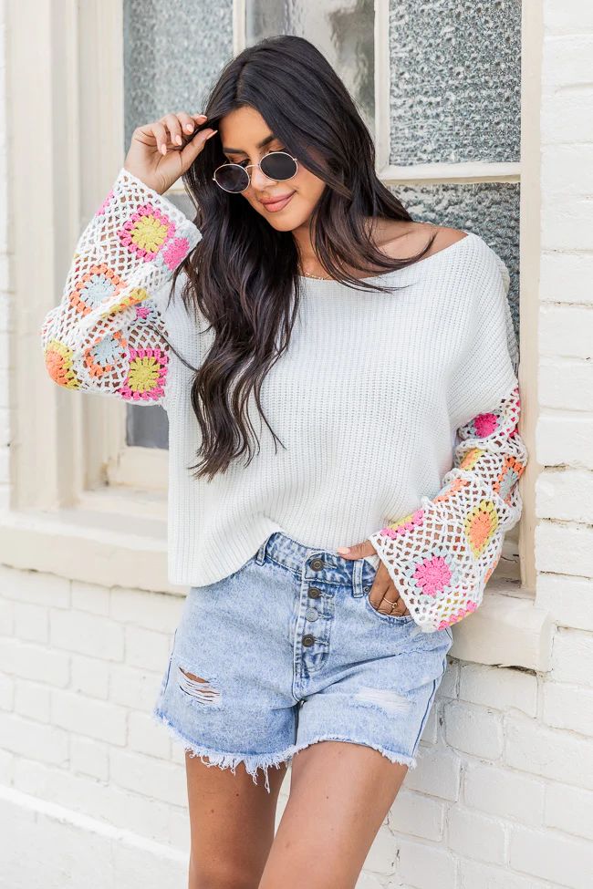 Something To Tell Ivory Bright Multi Crochet Sleeve Sweater | Pink Lily