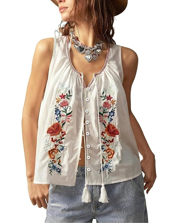 Womens Summer Boho Floral Embroidered Tops 2026 Tie Front Blouse Flowy Vest Top Button Down Sleev... | Amazon (US)