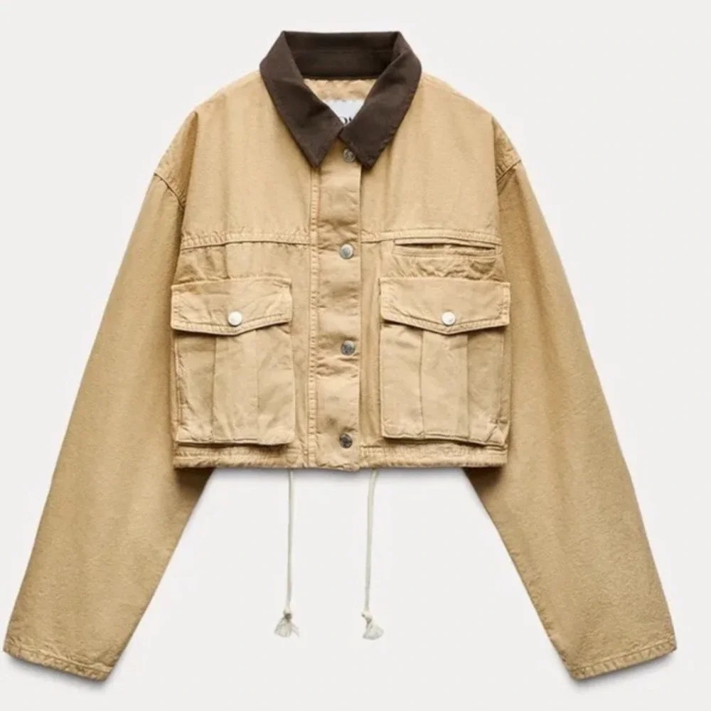 Zara NWT Cropped Utility Jacket Tan Brown Contrast Collar Cargo Size S | Poshmark