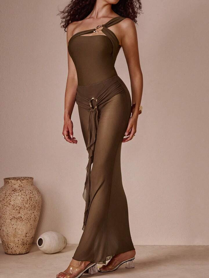 Swim Oasis Conjunto De 2 Piezas De Vestimenta De Ibiza, Falda Larga De Malla De Unicolor Para Verano 2025, Nuevo Conjunto De Bañador Informal De Una Pieza Para Playa Y Resort | SHEIN