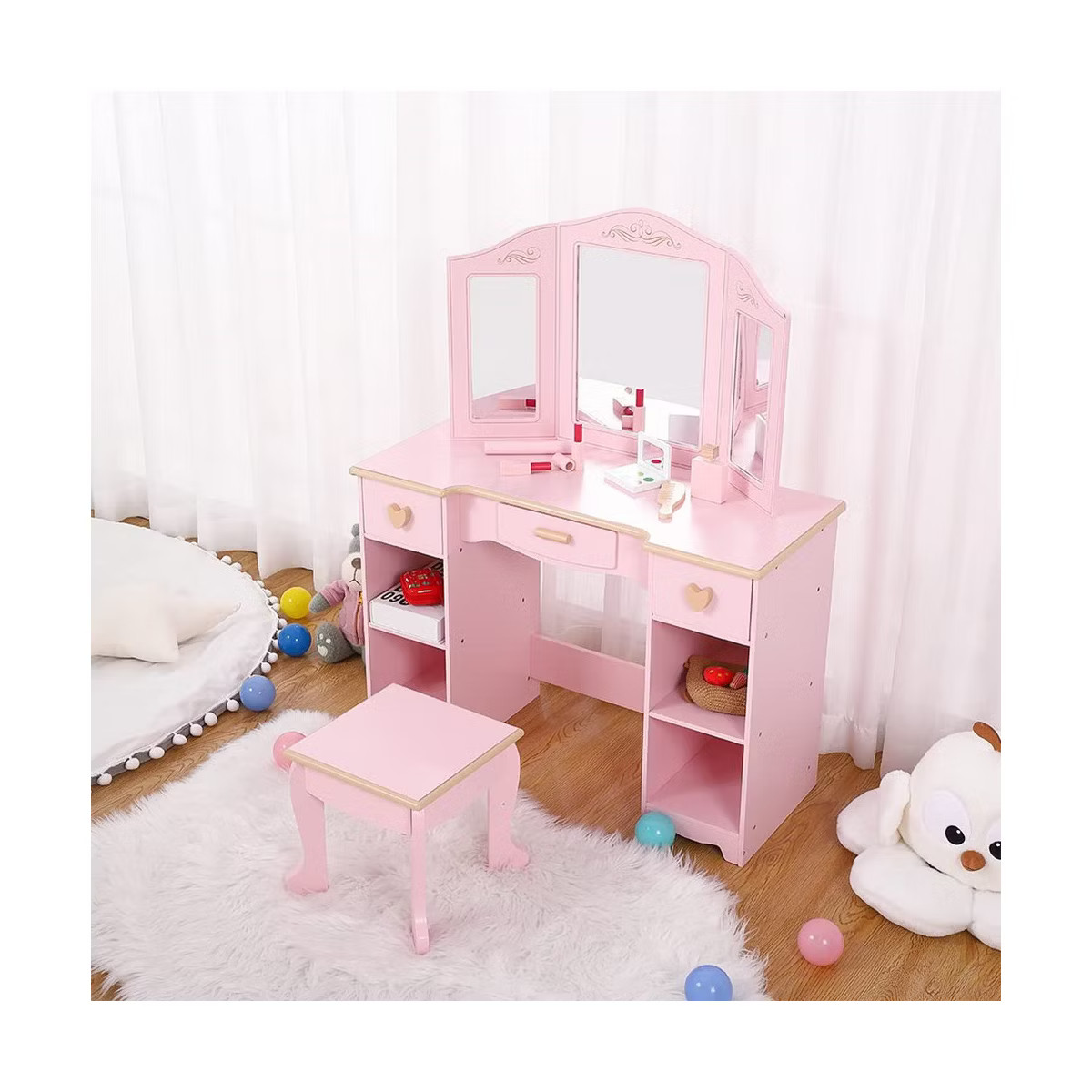 Girls' Vanity Table and Chair Set, Kids Makeup Dressing Table with Wood Makeup Playset Toy | Target