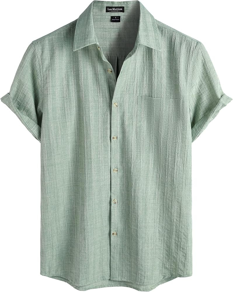 LucMatton Men's Vintage Bohemian Short Sleeve Button Down Shirt Casual Regular Fit Striped Textur... | Amazon (US)