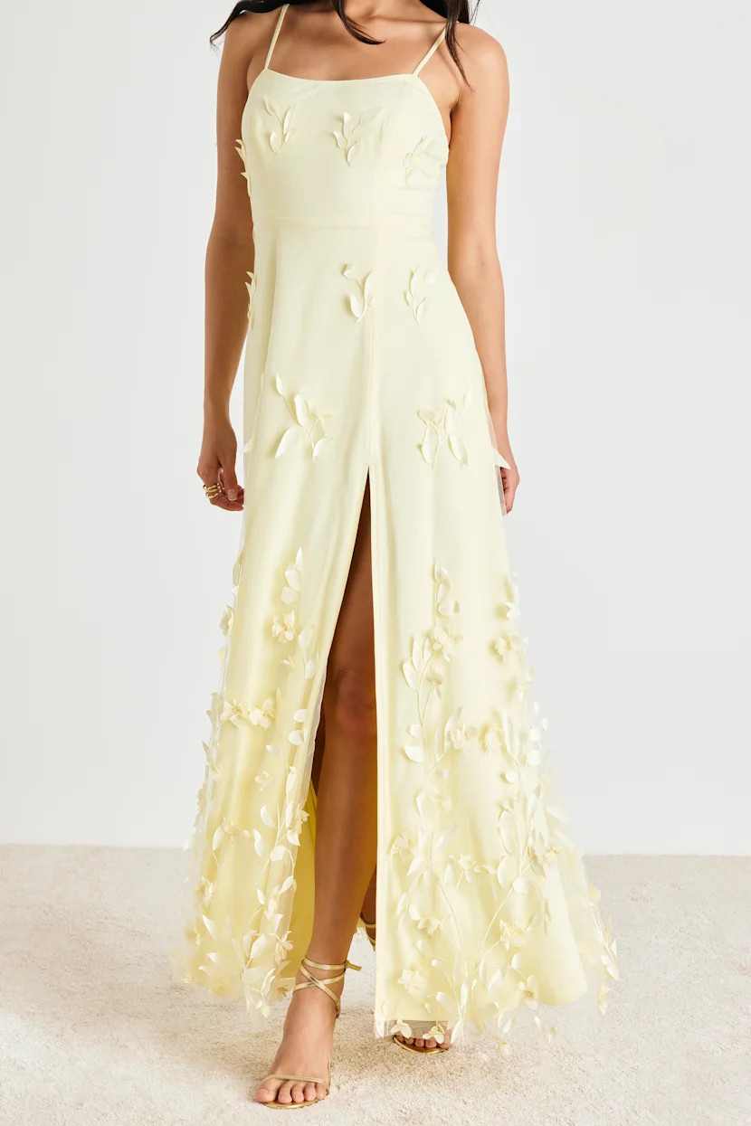 Abundant Charm Pale Yellow 3D Floral Applique Maxi Dress | Lulus