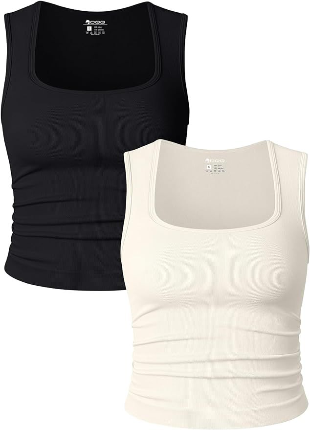 OQQ Womens 2 Piece Crop Tops Rueched Sleeveless Square Neck Stretch Basic Tank Shirts | Amazon (US)