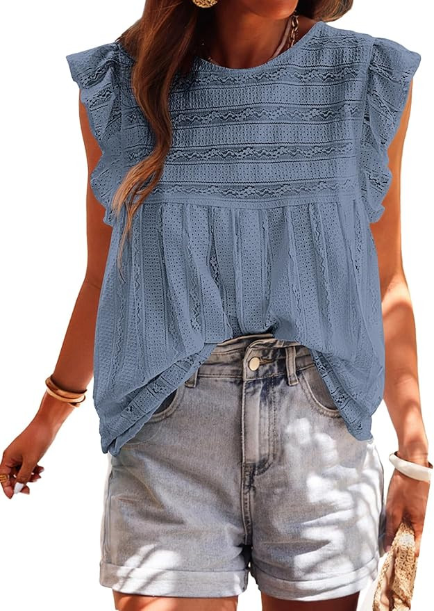 PRETTYGARDEN Women's Summer Cute Tank Top Crewneck Ruffle Sleeveless Hollow Out Eyelet Lace Sprin... | Amazon (US)