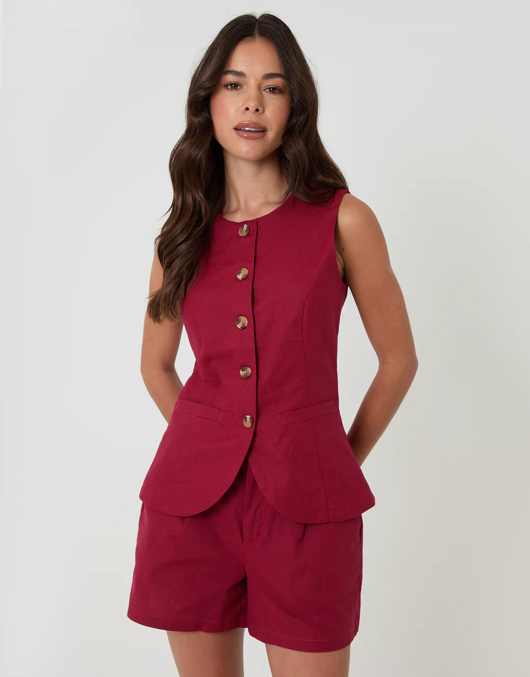 Linen Blend Longline Waistcoat in Red | Threadbare UK