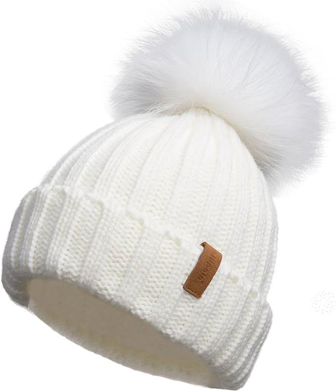Pilipala Women Winter Knitted Beanie Hat with Fur Pom Bobble Hat Skull Beanie for Women | Amazon (US)
