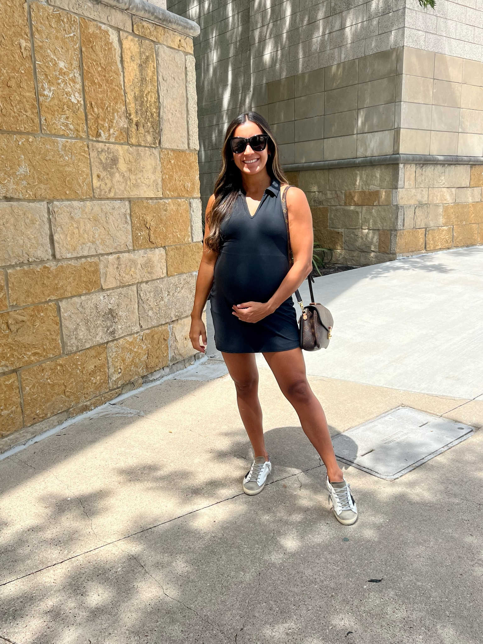 Tennis dress, alo dress, alo tennis dress, black dress, active dress, golden goose sneakers, white sneakers, maternity, maternity outfits, errands outfits, casual outfits, non maternity outfits, 

#LTKSeasonal #LTKFitness #LTKbump