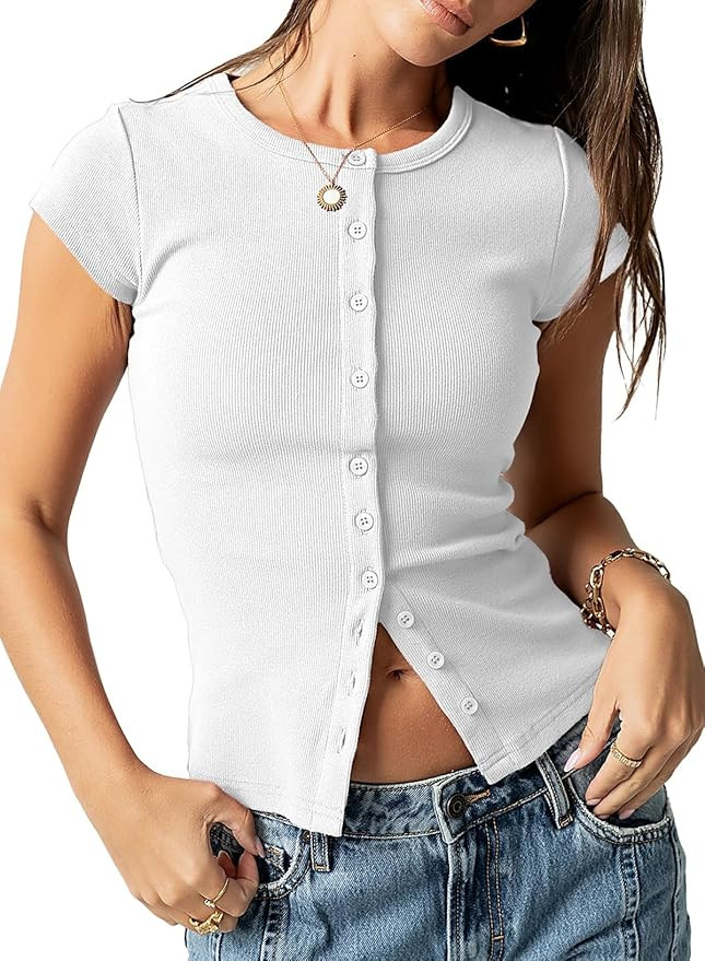 Sidefeel Women's Short Sleeve Tops Ribbed Button Down Crewneck Slim Fitted Casual Summer T Shirts | Amazon (US)