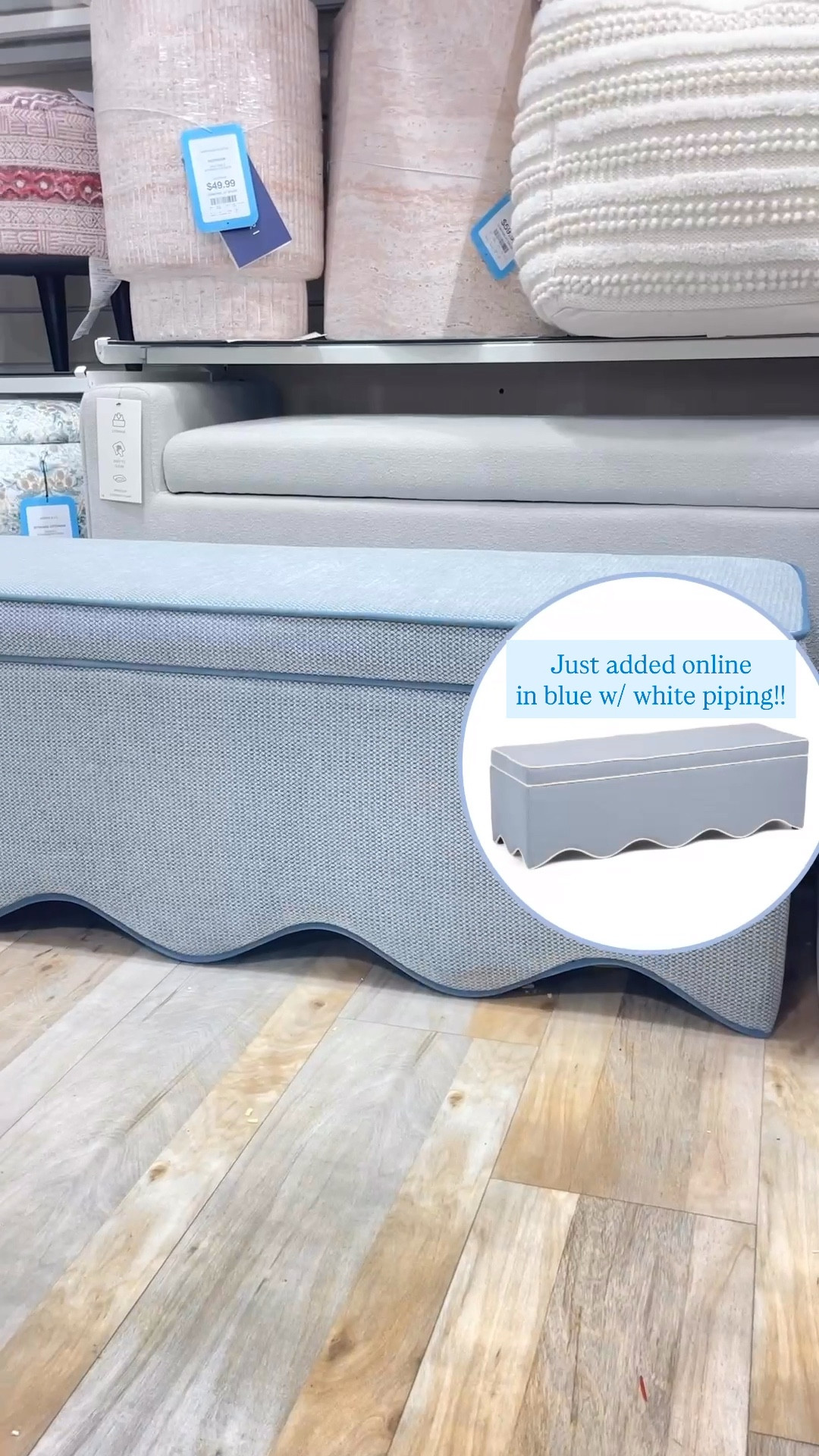🚨High sellout risk!!🚨gorgeous blue scalloped storage trunk with white piping was just added online!! (Also in a sage green!) it’s a great size and looks like a custom society social piece!! 😍 So perfect for the end of a bed or anywhere you want a beautiful bench with hidden storage! 🙌🏻

#LTKHome #LTKSaleAlert