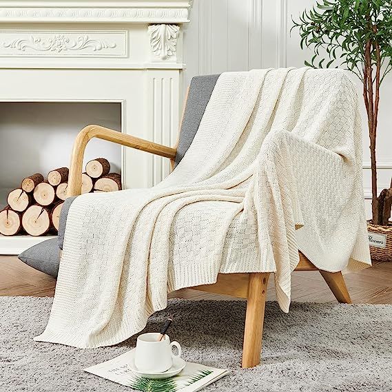 jinchan Ivory Throw Blanket Cable Knit Blanket Woven Blanket for Couch Bed Basketweave Blanket Kn... | Amazon (US)