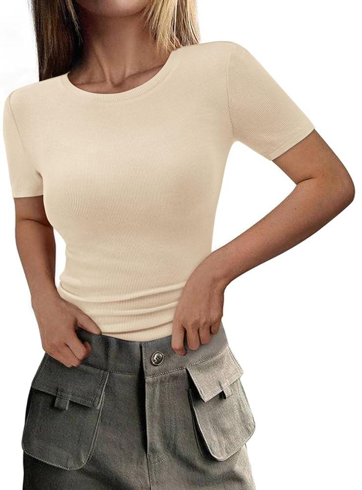PRETTYGARDEN Women 2025 Summer Crew Neck Short Sleeve Tops Ribbed Knit Slim Fit Fashion Basic Tee... | Amazon (US)
