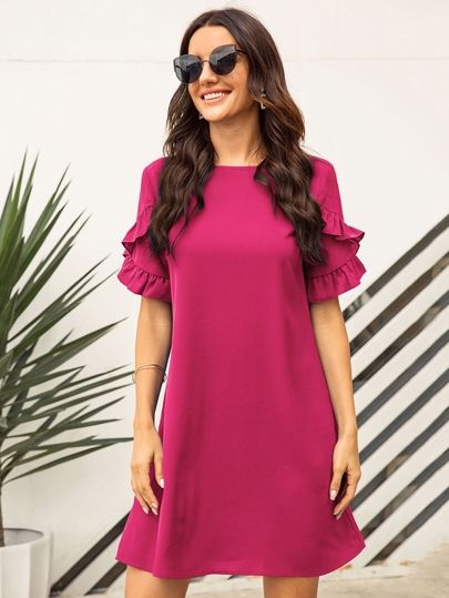 Solid Ruffle Sleeve Tunic Dress | SHEIN