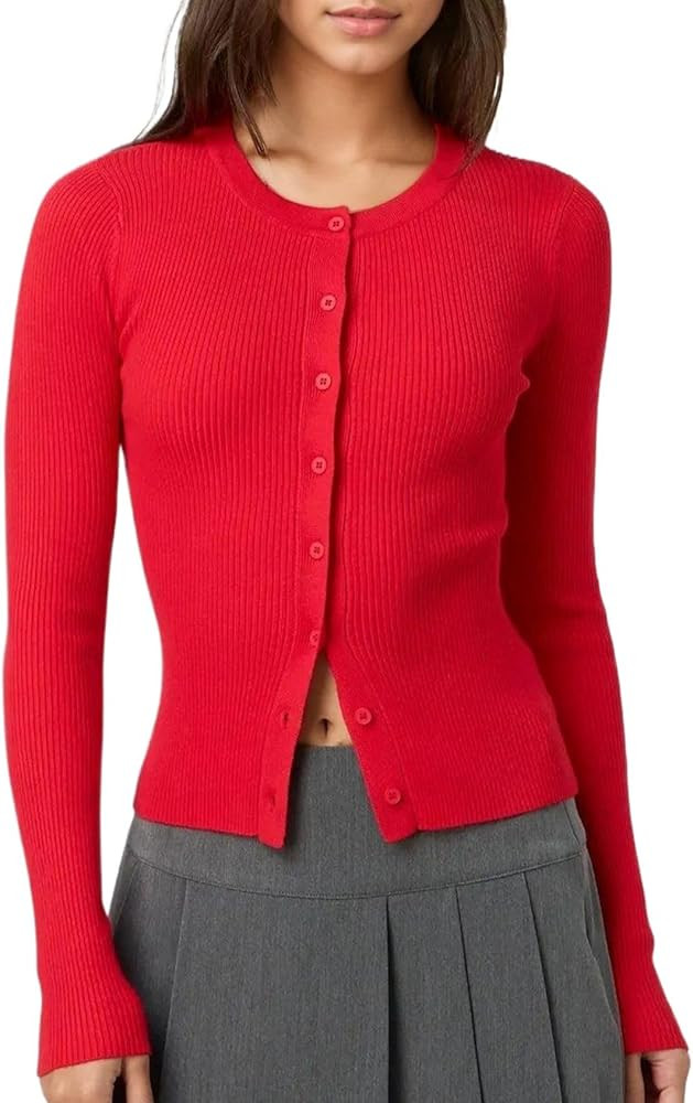 Women Casual Long Sleeve Crewneck Ribbed Knit Crop Cardigan Tight Slim Fit Button Up Sweater Shir... | Amazon (US)