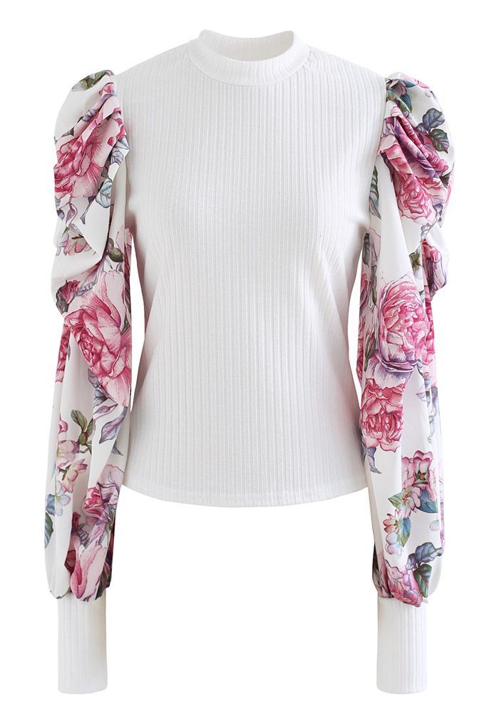 Floral Bubble Sleeve Spliced Fitted Top in White | Chicwish