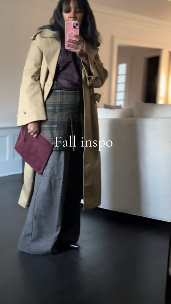 Fall inspo trench coat plaid mini skirt burgundy bag and shirt slingbavk classic fall outfit #style #fashion #fall #outfit #layering 

#LTKOver40 #LTKStyleTip #LTKHoliday