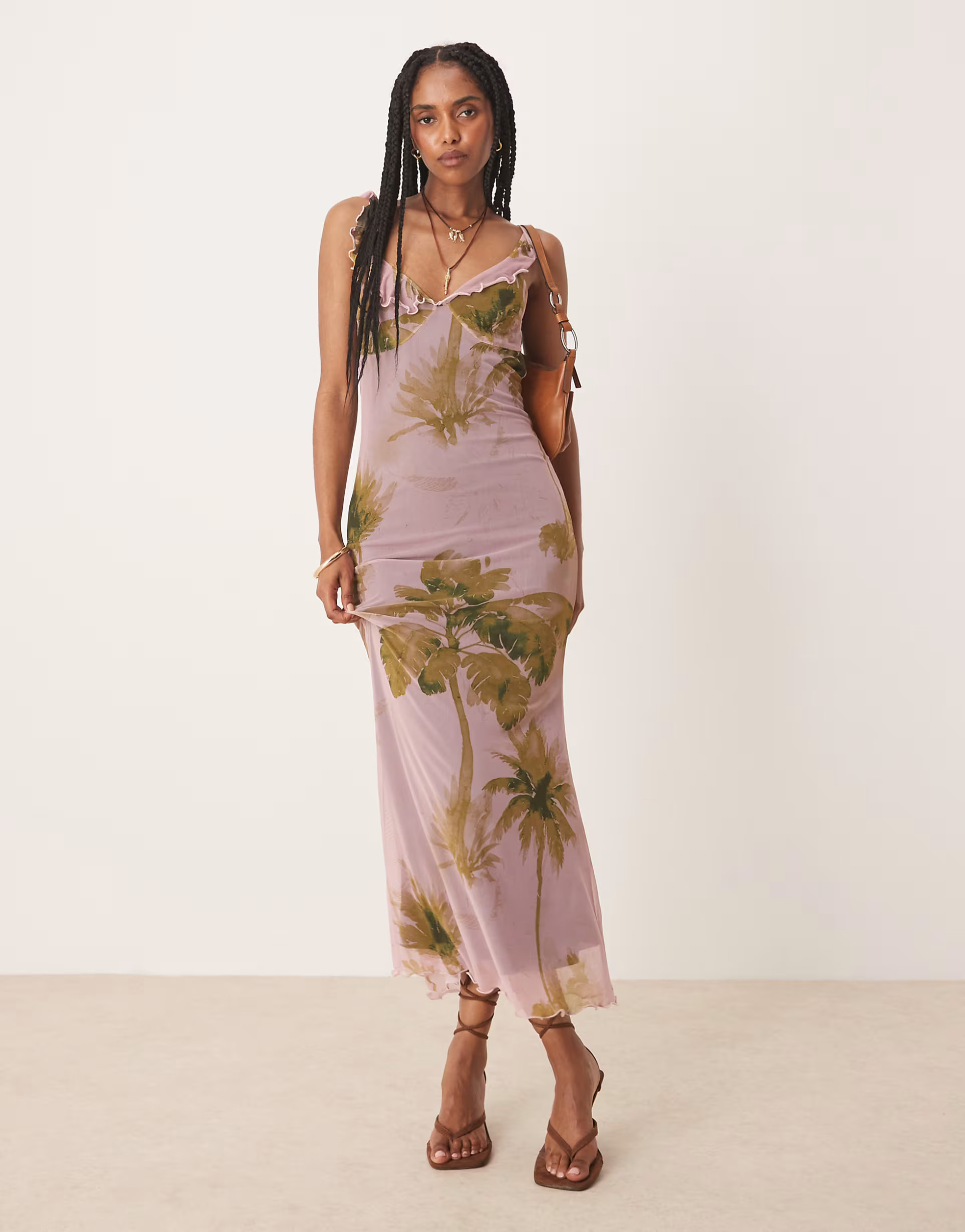 ASOS DESIGN mesh ruffle strap midi dress in vintage floral print | ASOS (Global)