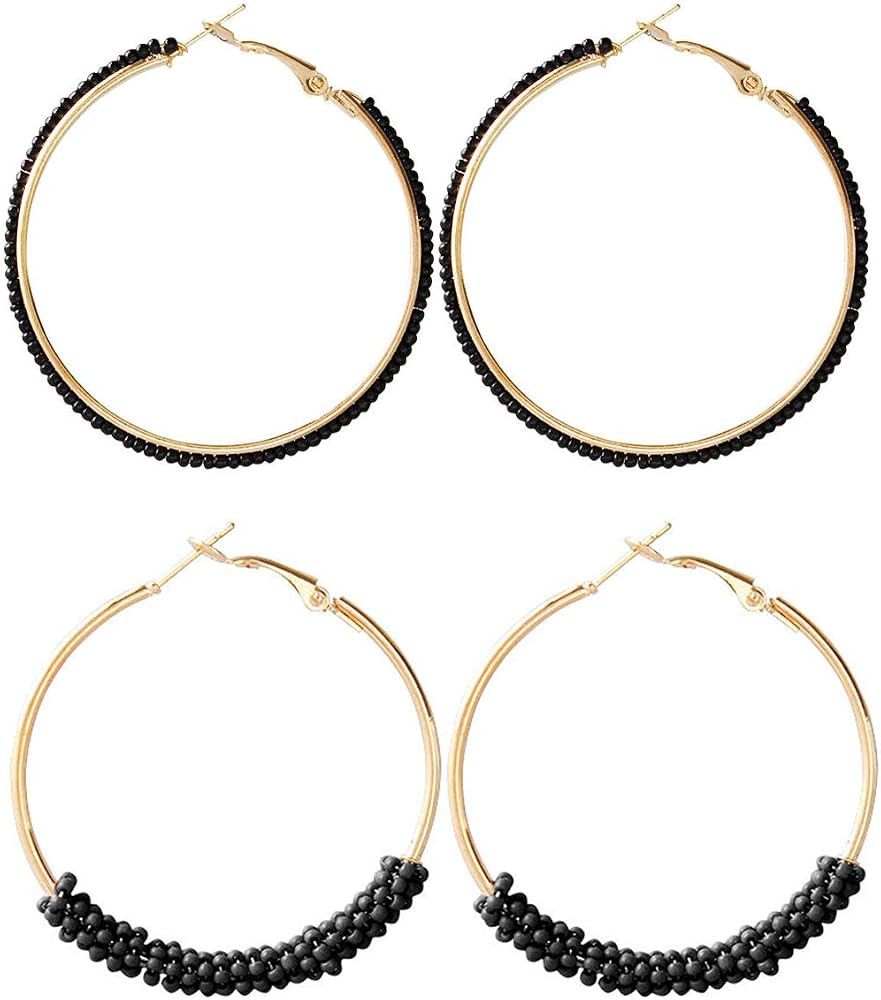 2 Pairs Bohemian Colorful Beads Circle Round Hoop Earrings Gold Hoop Dangle Earrings for Women Vi... | Amazon (US)