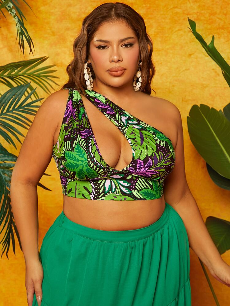 SHEIN SXY Plus Tropical Print One Shoulder Cut Out Crop Top | SHEIN