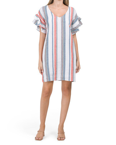 Linen Blend Double Ruffle Striped Shift Mini Dress | TJ Maxx
