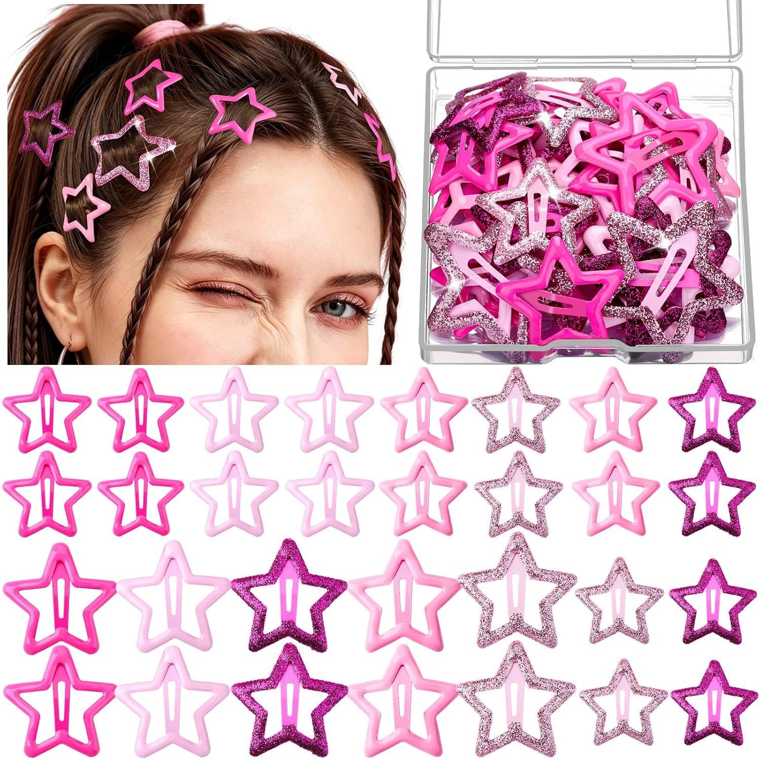 YGDZ Star Hair Clips Y2K Pink Hair Accessories, 20 PCS 1.22" Y2K Glitter Hair Barrettes, 10 PCS 1.61" Metal Snap Hair Clips for Girls Women, for Rave Outfits, Concert | Amazon (US)