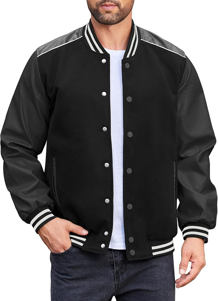 COOFANDY Mens Varsity Jacket Casual Leather Sleeve Baseball Letterman Bomber Jacket Coat | Amazon (US)