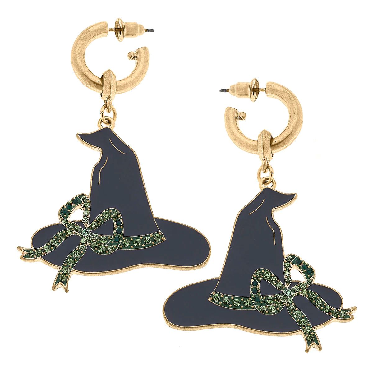 Halloween Witch Hat Enamel & Pave Earrings in Black & Green | CANVAS