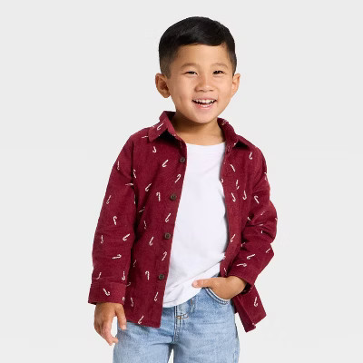Toddler Boys' Long Sleeve Candy Cane Button-Up Shirt - Cat & Jack™ Maroon 18M | Target