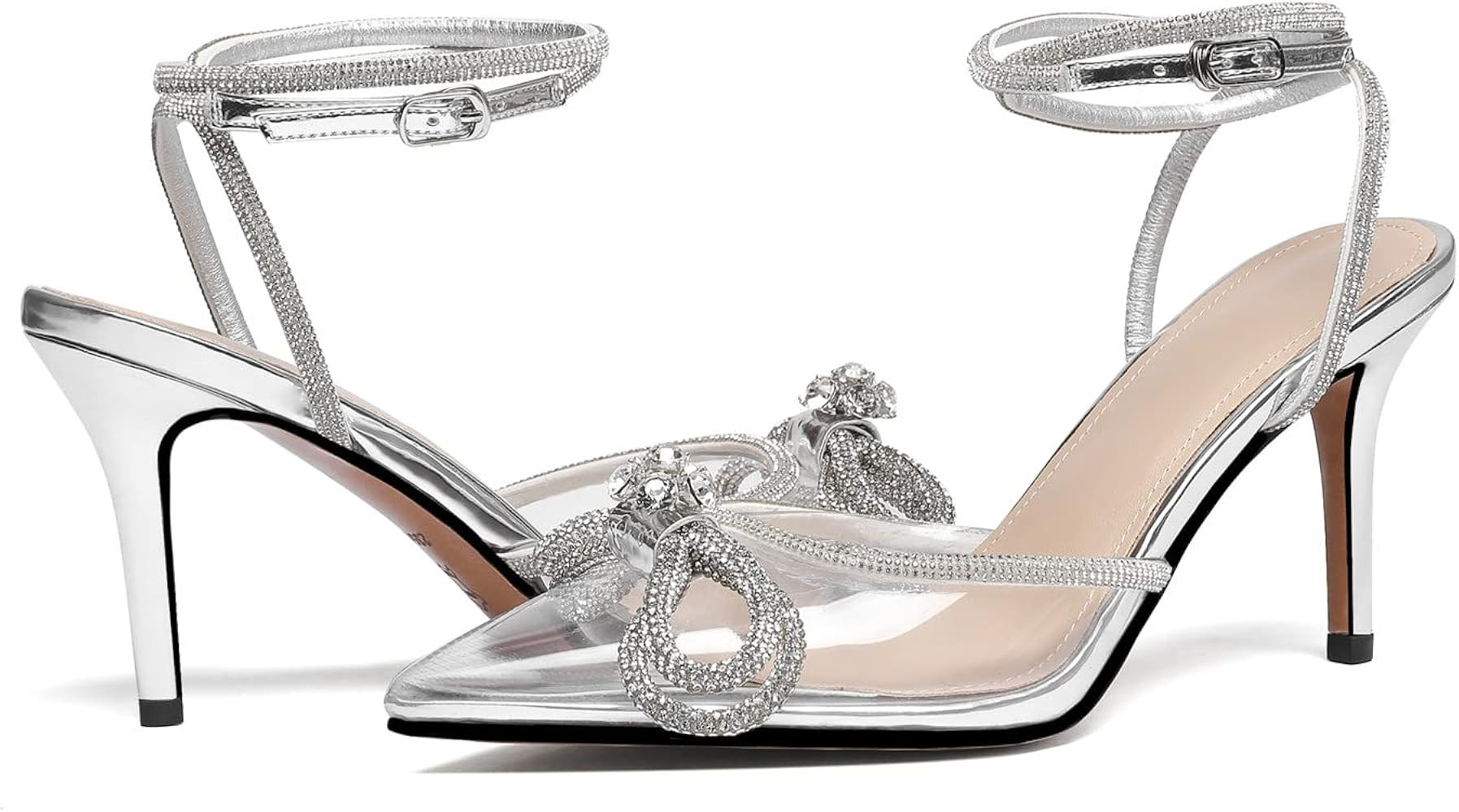 Vertundy Women's Lace up High Heeled Sandals Ankle Buckle Strap Rhinestone Bowknot Stilettos Satin P | Amazon (US)