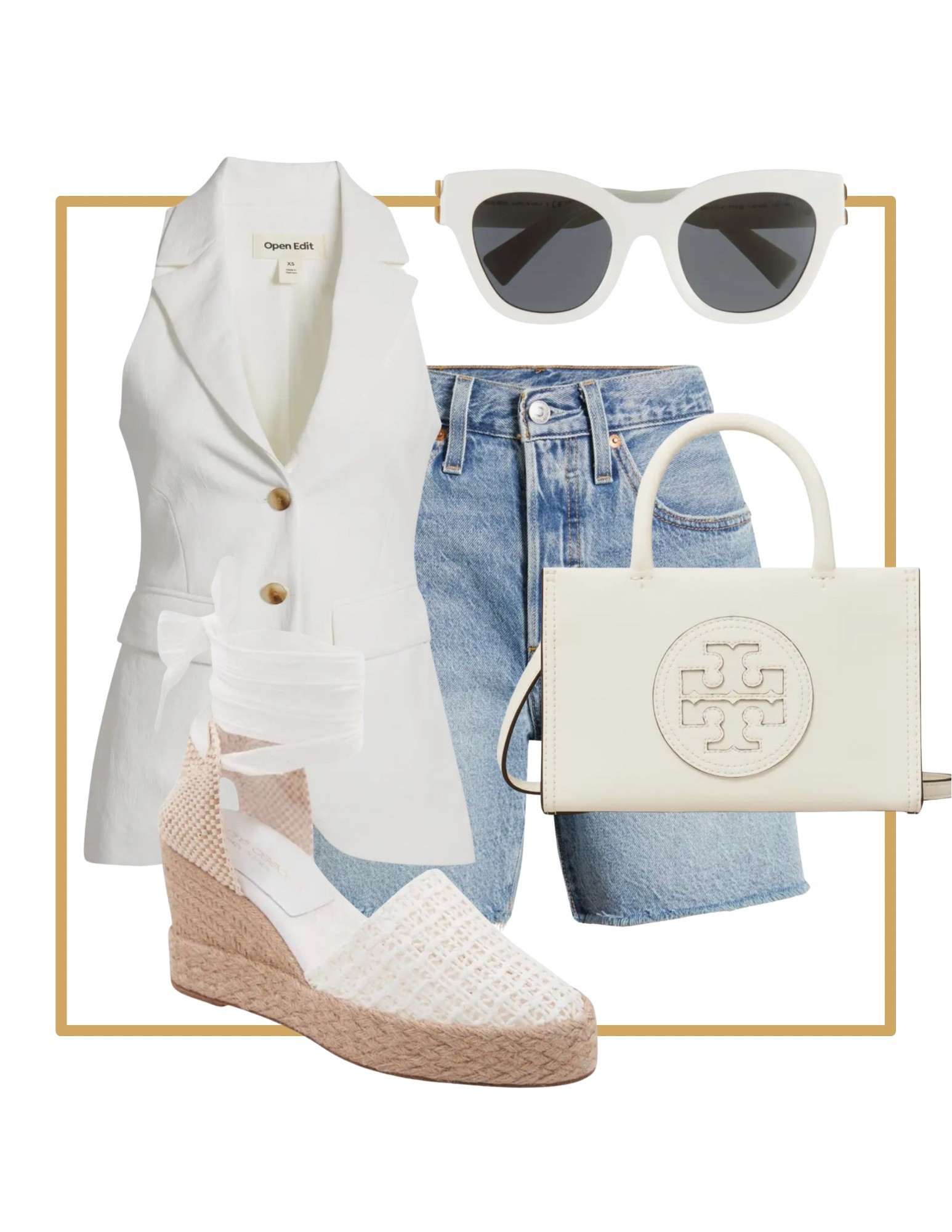 Casual classy summer business office date night outfit. Cutoff denim shorts. White button up vest top. White Tory Burch handbag purse. White espadrille sandals. White sunglasses 

#LTKWorkwear #LTKItBag #LTKShoeCrush