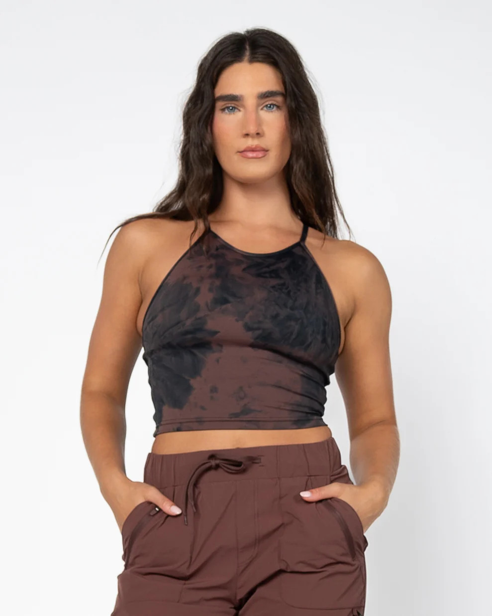 Lux Thin Strap Crop Tank - Fossil/Black Tie Dye M | Senita Athletics