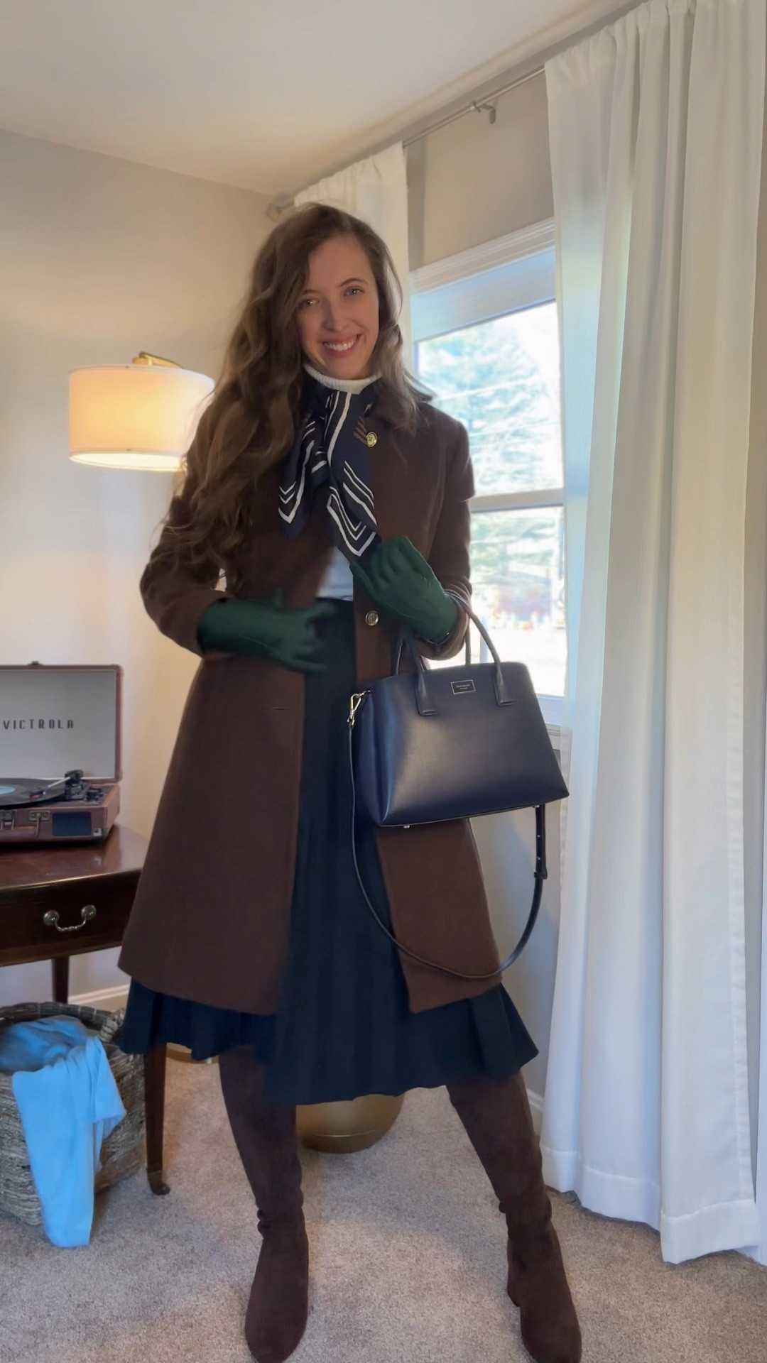 Staying warm while staying modest and feminine in a skirt in the winter! Coat size 2. Everything else thrifted or vintage.