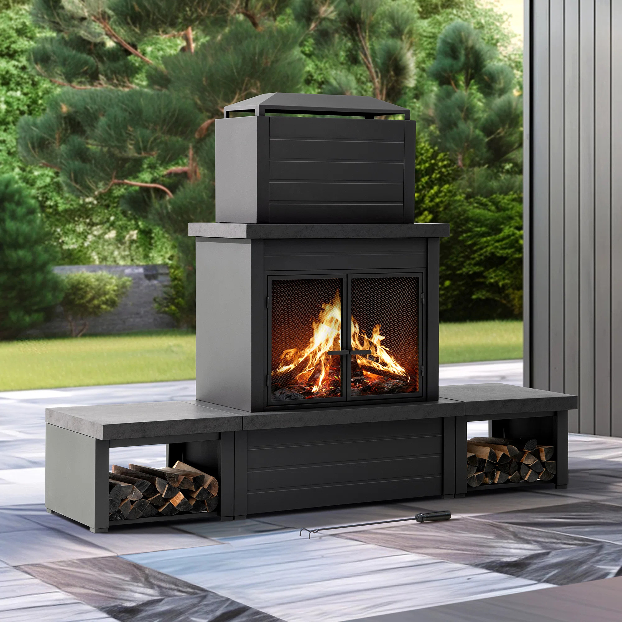 Sunjoy Outdoor Fireplace, Patio Wood Burning Steel Fireplace with Chimney, Log Holders, Fireplace... | Wayfair North America