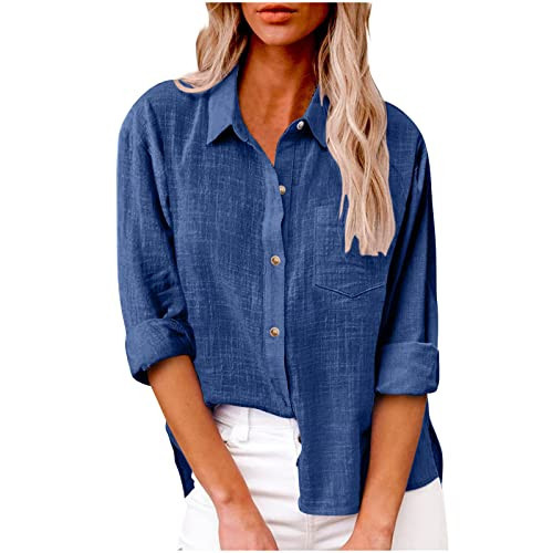 Womens Cotton Linen Shirt Button Down Lapel Blouses Long Sleeve Solid Color Tunic Tops Fall Casual Shirts 2024 Dark Blue | Amazon (US)