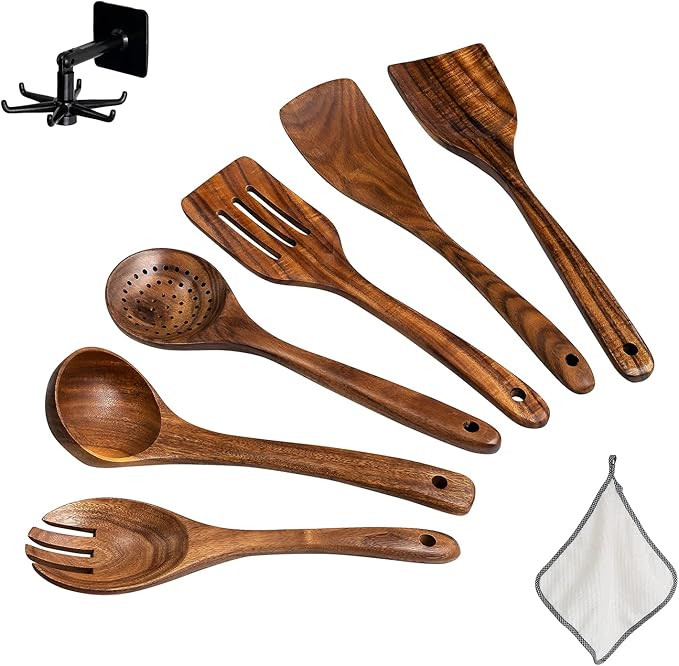 Wooden Utensils For Cooking - 6 Pcs Wooden Spoons For Cooking - Natural Teak Wooden Spoons For No... | Amazon (US)