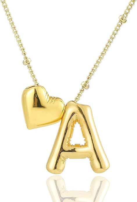 Heart Letter Necklace, 14k Gold Plated Initial Dainty Necklace for Women, Chunky Bubble Balloon C... | Amazon (US)