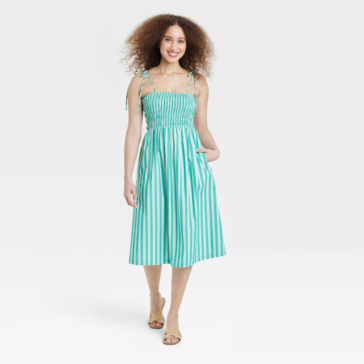 Women's Midi Smocked Sundress - A New Day™ Green Striped M | Target