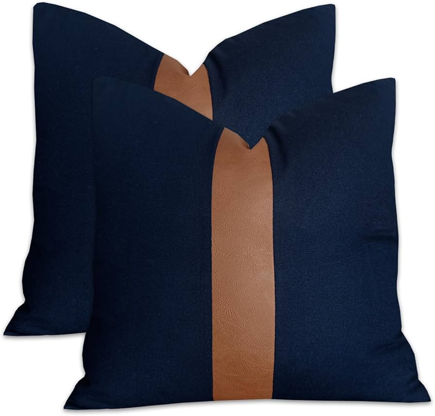 Set of 2 Navy Blue Decorative Pillow Covers 18x18 Square Cushion Case Modern Stripe Farmhouse Pil... | Amazon (US)