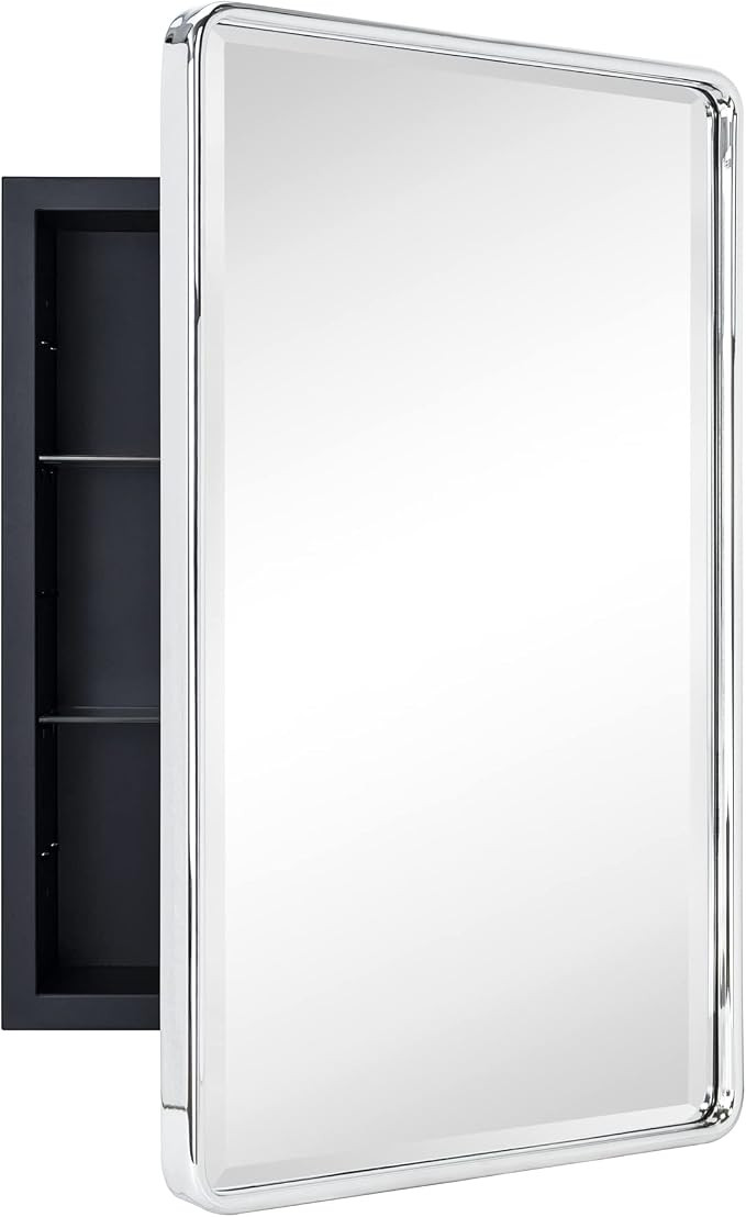 TEHOME Farmhouse Chrome Metal Framed Recessed Bathroom Medicine Cabinet with Mirror Rounded Recta... | Amazon (US)