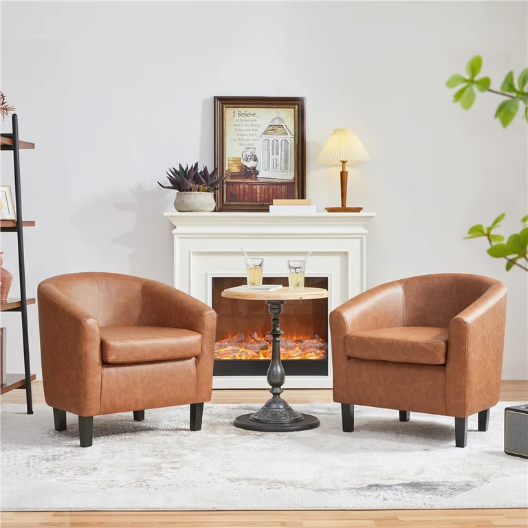 Renwick Faux Leather Barrel Accent Chair for Living Room, Set of 2, Brown | Walmart (US)