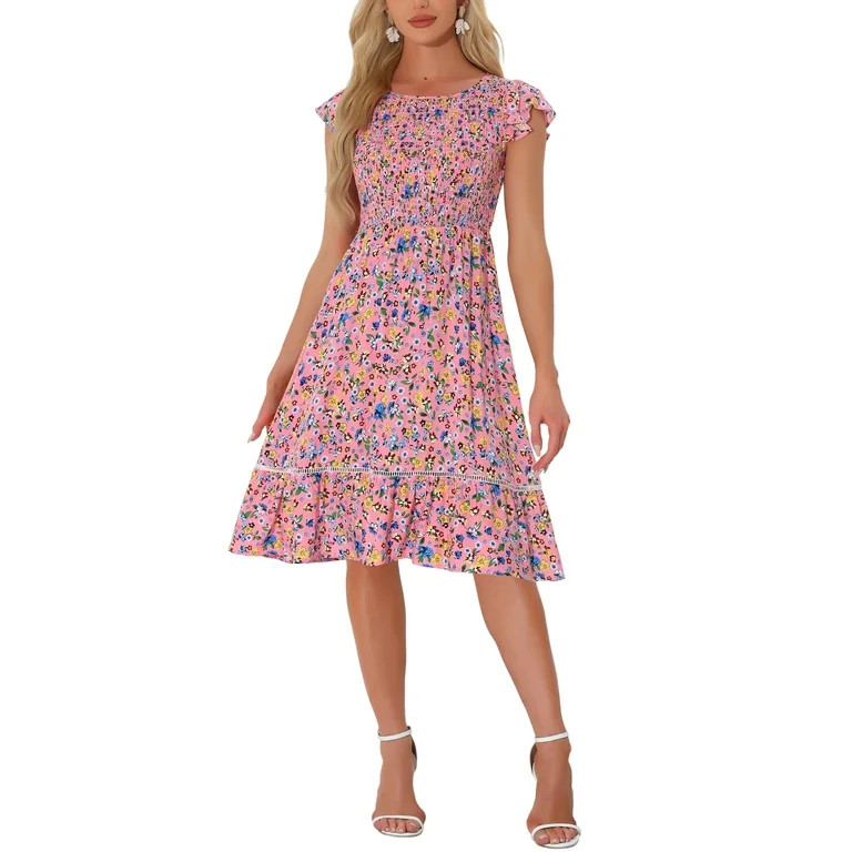 Allegra K Women's Summer Sundresses Floral Smocked Fit and Flare Midi Dress | Walmart (US)